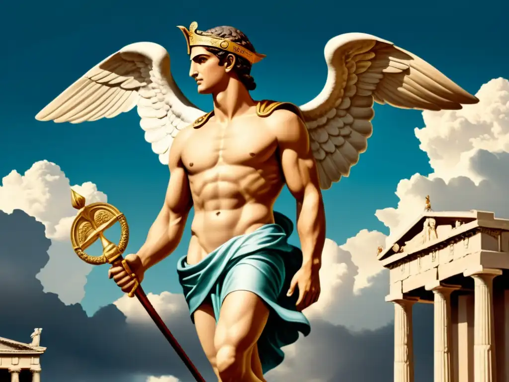 Hermes, mensajero divino de la mitología griega, con sus sandalias aladas y caduceo, entre la arquitectura antigua y el cielo nublado