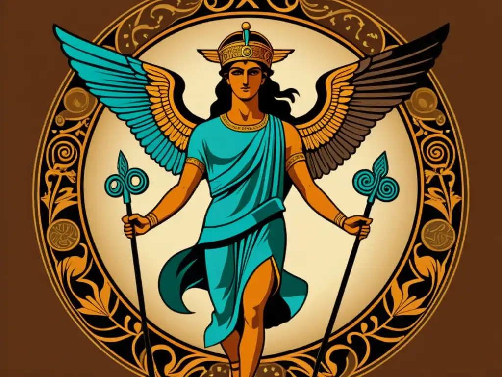 Hermes, mensajero divino de la mitología, con sus sandalias aladas y el báculo, rodeado de símbolos antiguos en una ilustración detallada y poderosa