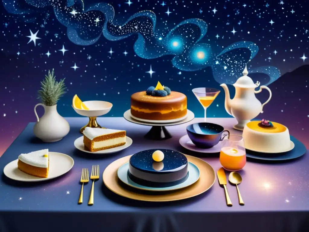 Una mesa celestial llena de recetas inspiradas en fenómenos celestes, con comensales vestidos de época bajo un cielo estrellado y galáctico