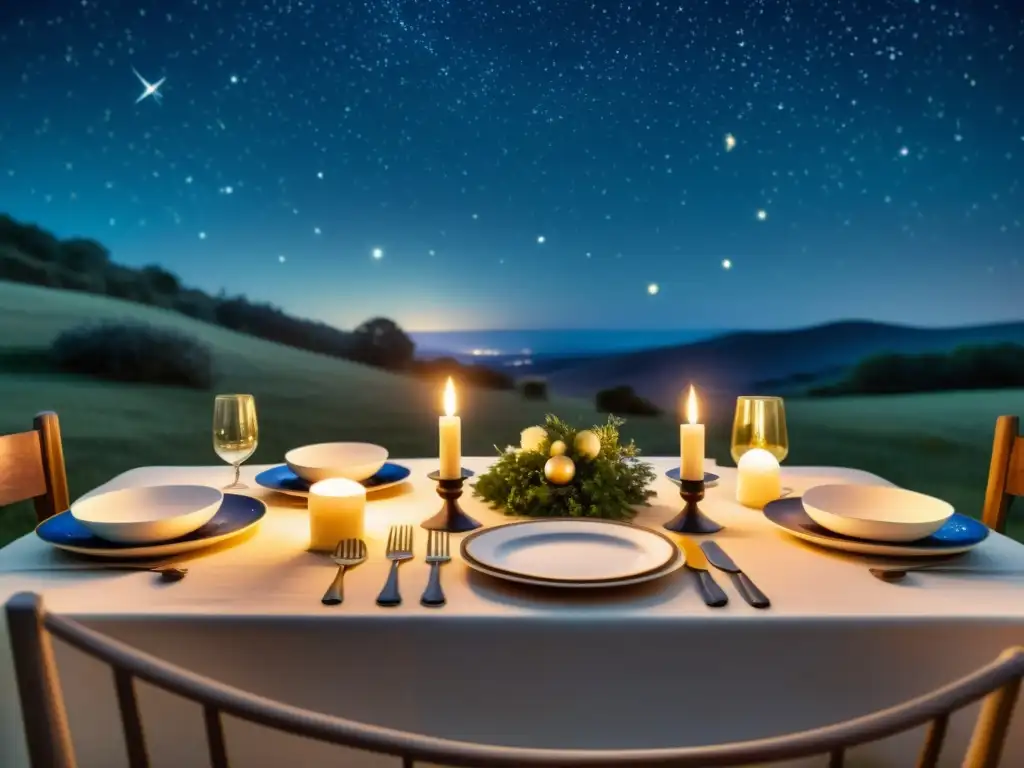 Una mesa de comedor celestial con gastronomía inspirada en constelaciones estelares bajo un cielo estrellado y ambiente etéreo