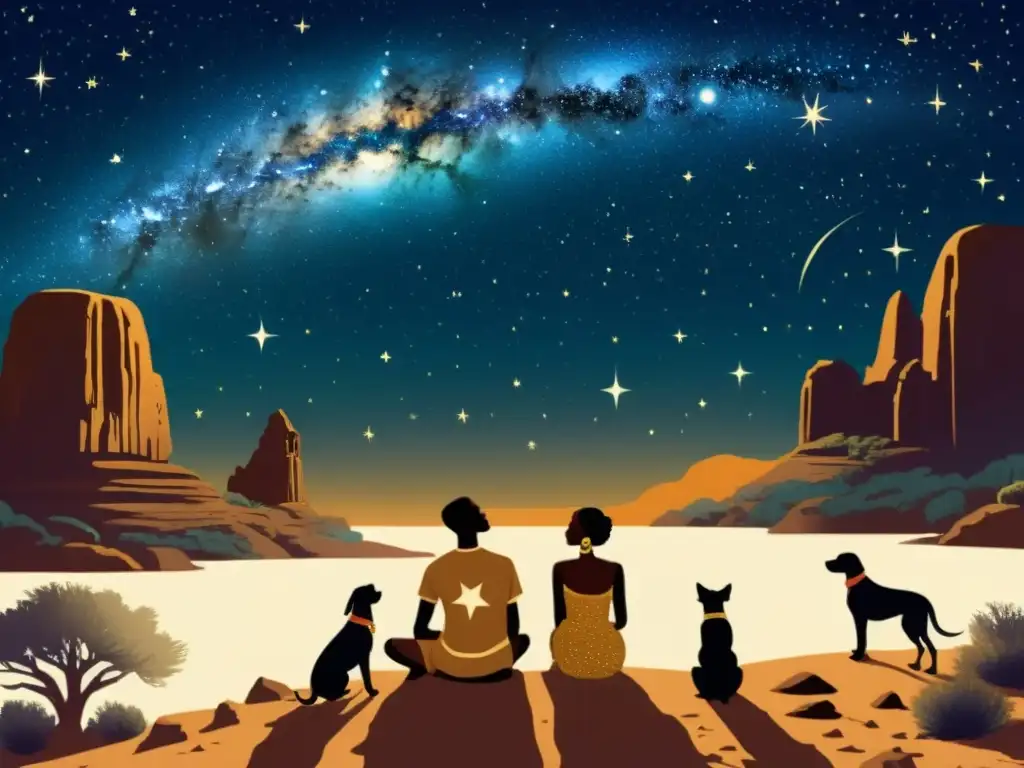 Los misterios del espacio sideral: Ilustración vintage de los Dogon contemplando el cielo estrellado, con Sirio brillando sobre ellos