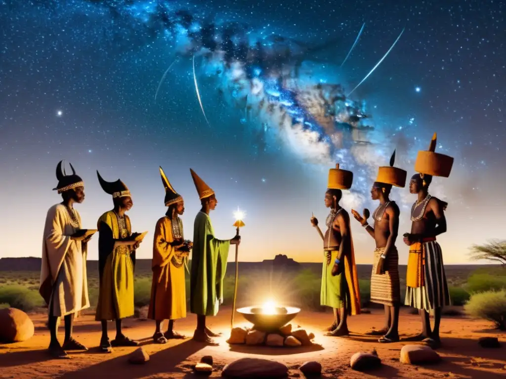 Los misterios del espacio sideral cobran vida en la ilustración de los rituales de los Dogon bajo un cielo estrellado