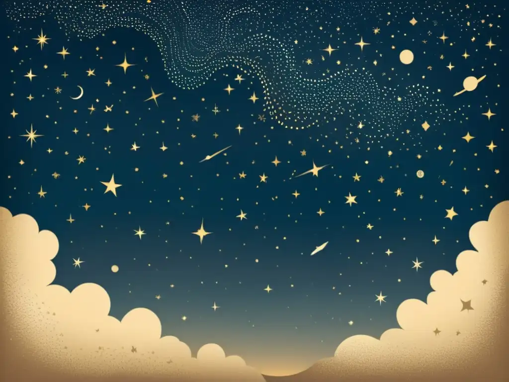 Misteriosa ilustración vintage del cielo nocturno con constelaciones detalladas y espacios vacíos que evocan la mitología