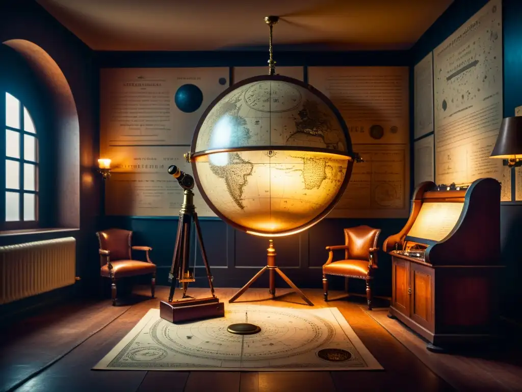 Una habitación misteriosa con instrumentos astronómicos antiguos y un ambiente enigmático de enigmas astronómicos escape room