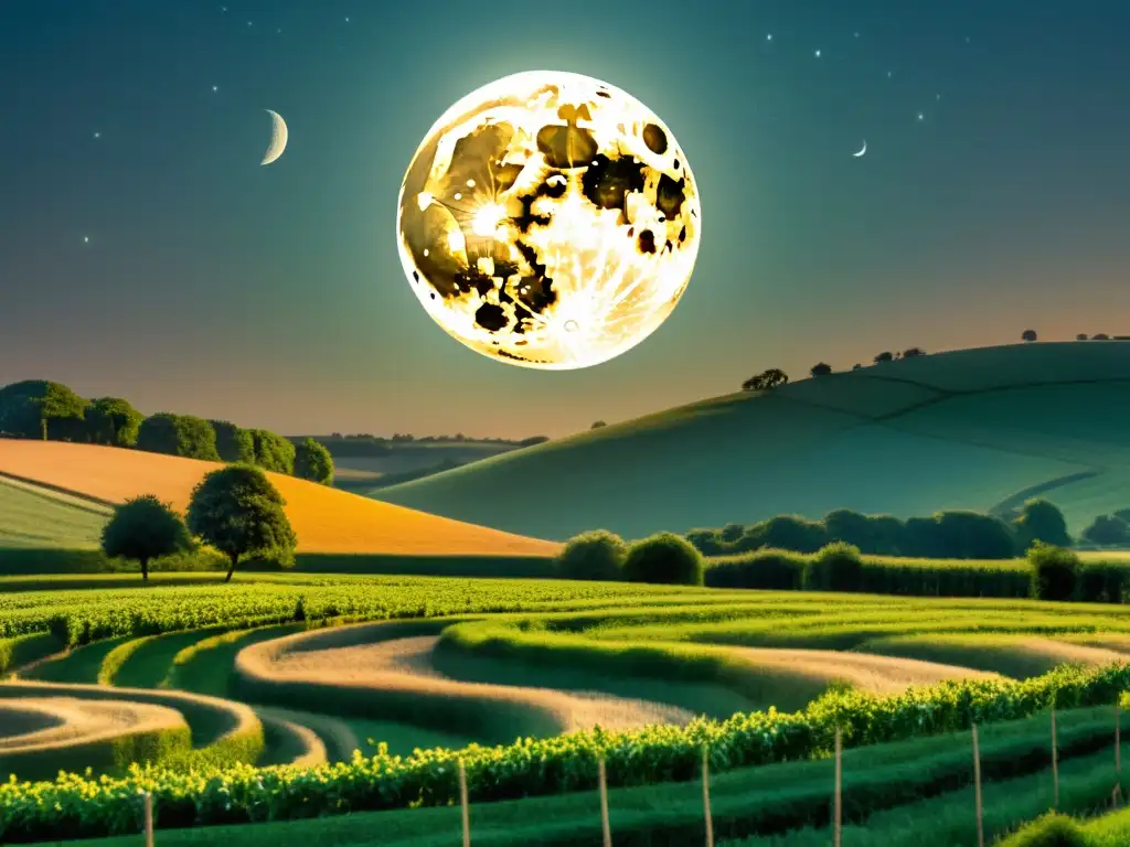 Una ilustración vintage de una mística luna llena sobre un paisaje sereno, con campos iluminados por su suave luz plateada