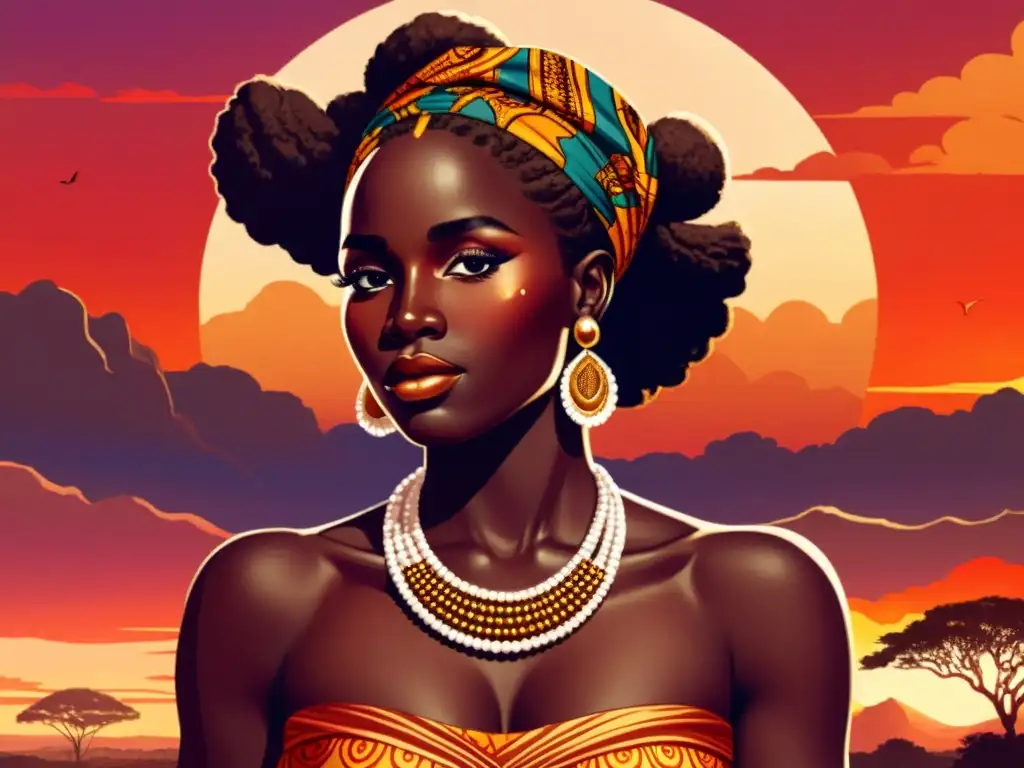 Venus en la mitología africana: Ilustración vintage de la diosa con atuendo africano y un atardecer en la sabana