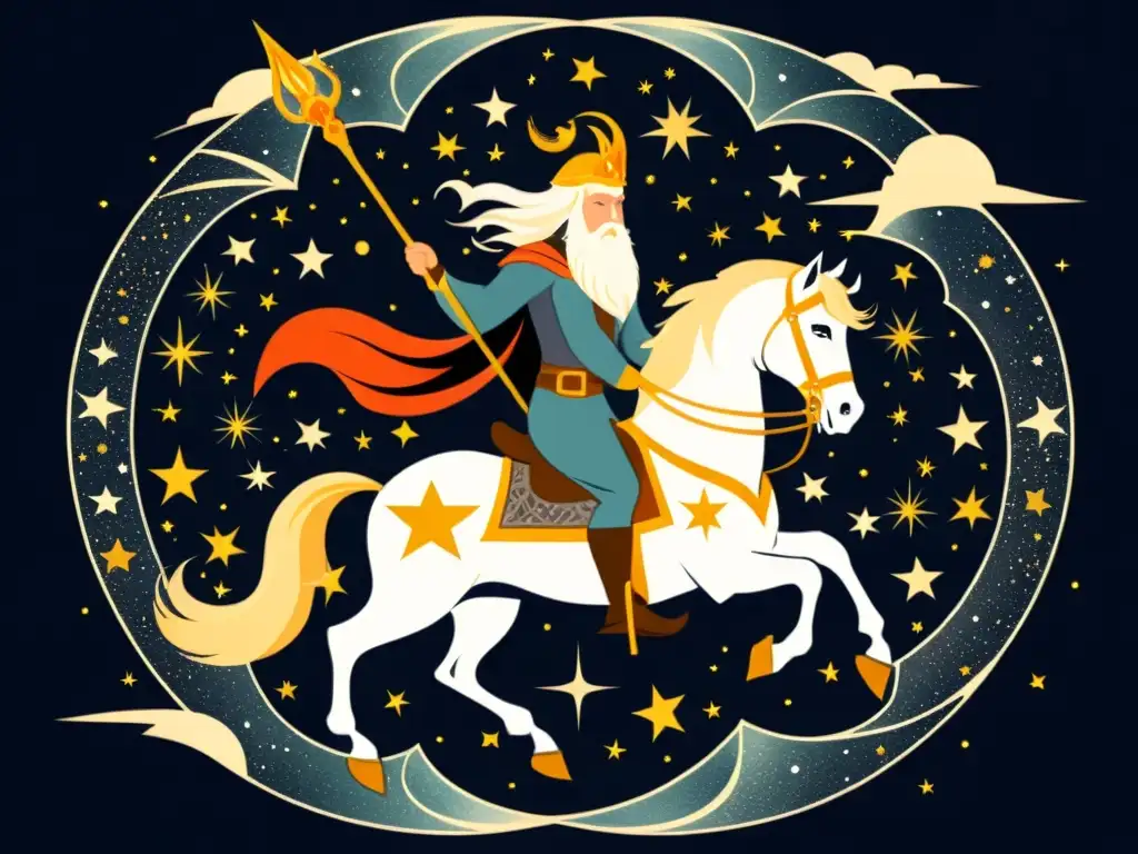 Odin, de la mitología nórdica, cabalga en su caballo de ocho patas entre estrellas y galaxias, evocando maravilla cósmica