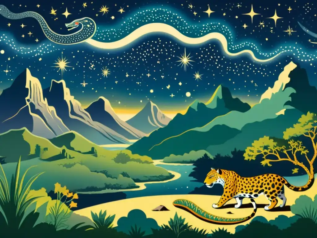 Ilustración vintage de la mitología de las constelaciones en América, con paisaje nocturno misterioso y criaturas míticas como serpientes y jaguares