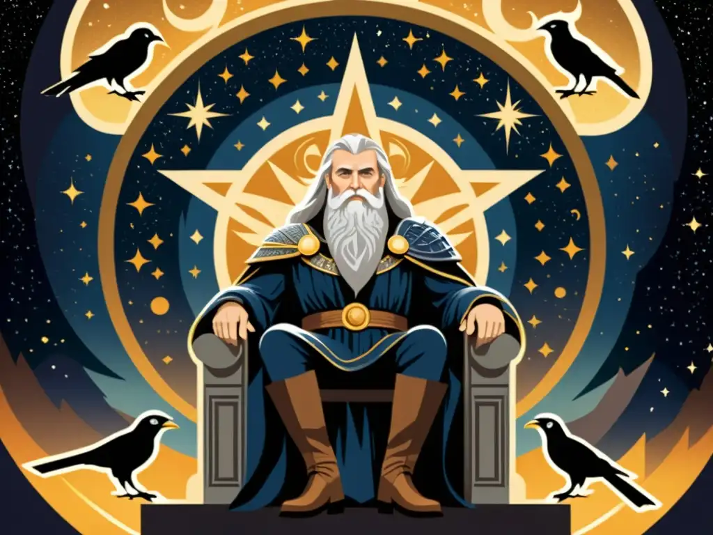 Odin, dios de la mitología nórdica, en Valhalla rodeado de estrellas, evocando la formación cósmica