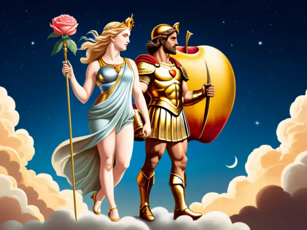 Venus y Marte, dioses de la mitología romana, en ilustración vintage celestial, ella con rosa y manzana dorada, él con armadura y armas