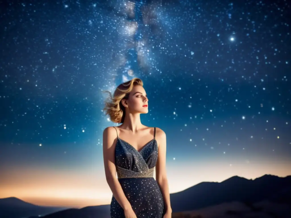 Una fotografía de moda bajo constelaciones, con una modelo elegante y atemporal contemplando el cielo estrellado