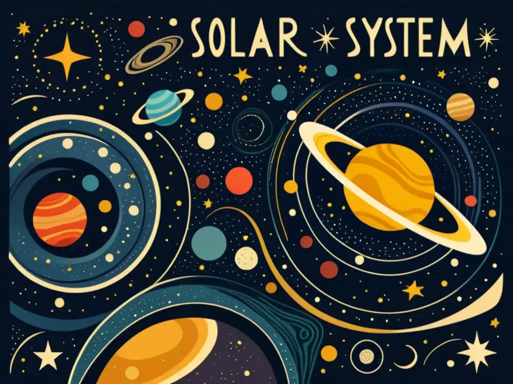 Un modelo táctil enseñando astronomía, con detalles planetarios y un cielo estrellado en tonos cálidos y textura envejecida