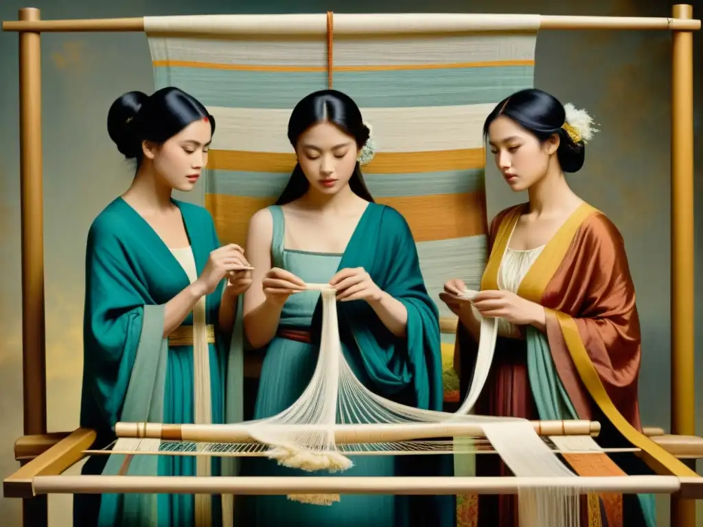 Las Moiras Tejiendo el Destino: Pintura Vintage de Sabiduría Mística Tres Moiras tejedoras representando destino, tiempo y vida, en una pintura vintage de sabiduría mística
