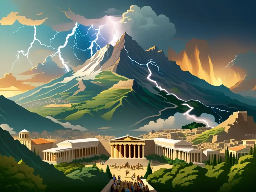 Una ilustración vintage del Monte Olimpo, con los dioses y diosas de la mitología griega, incluyendo a Zeus, rodeado de una tormenta