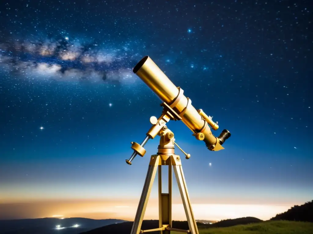 Montura estable de telescopio para exploración de estrellas bajo un cielo nocturno claro y estrellado, evocando precisión y encanto nostálgico