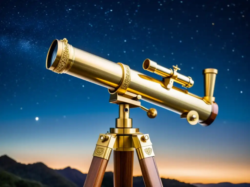 Una montura estable de telescopio, evocando exploración y elegancia atemporal bajo un cielo estrellado lleno de maravilla