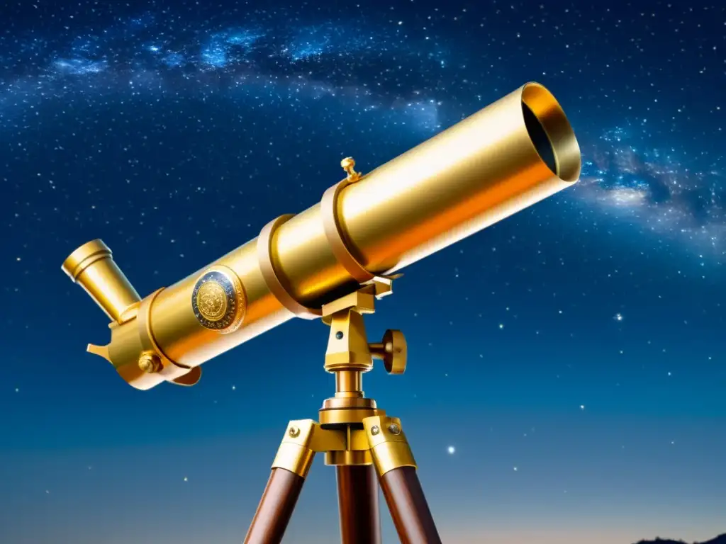 Montura de telescopio con detalles de latón, en un cielo estrellado evocando la observación de constelaciones