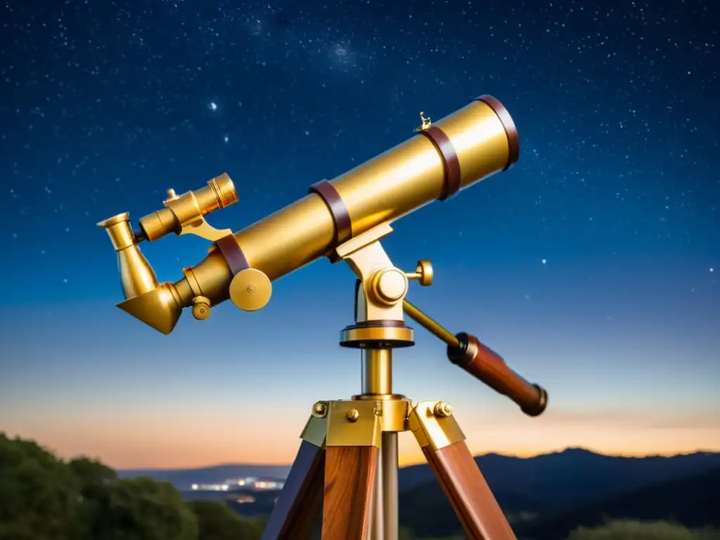 Montura de telescopio vintage sobre trípode de madera, apuntando a las estrellas en una noche estrellada, evocando la observación de constelaciones