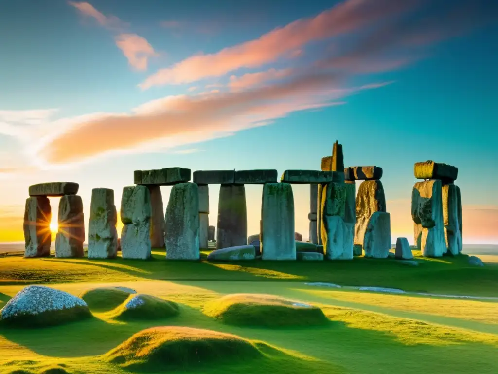 Monumento de Stonehenge al atardecer, con los antiguos bloques de piedra en silueta contra el cielo colorido