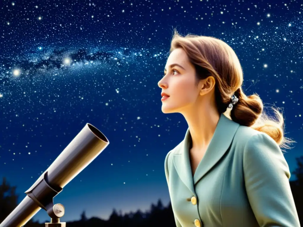 Una ilustración vintage de una mujer observando las estrellas a través de un telescopio, reflejando el rol de la mujer en astronomía con determinación y asombro en su rostro