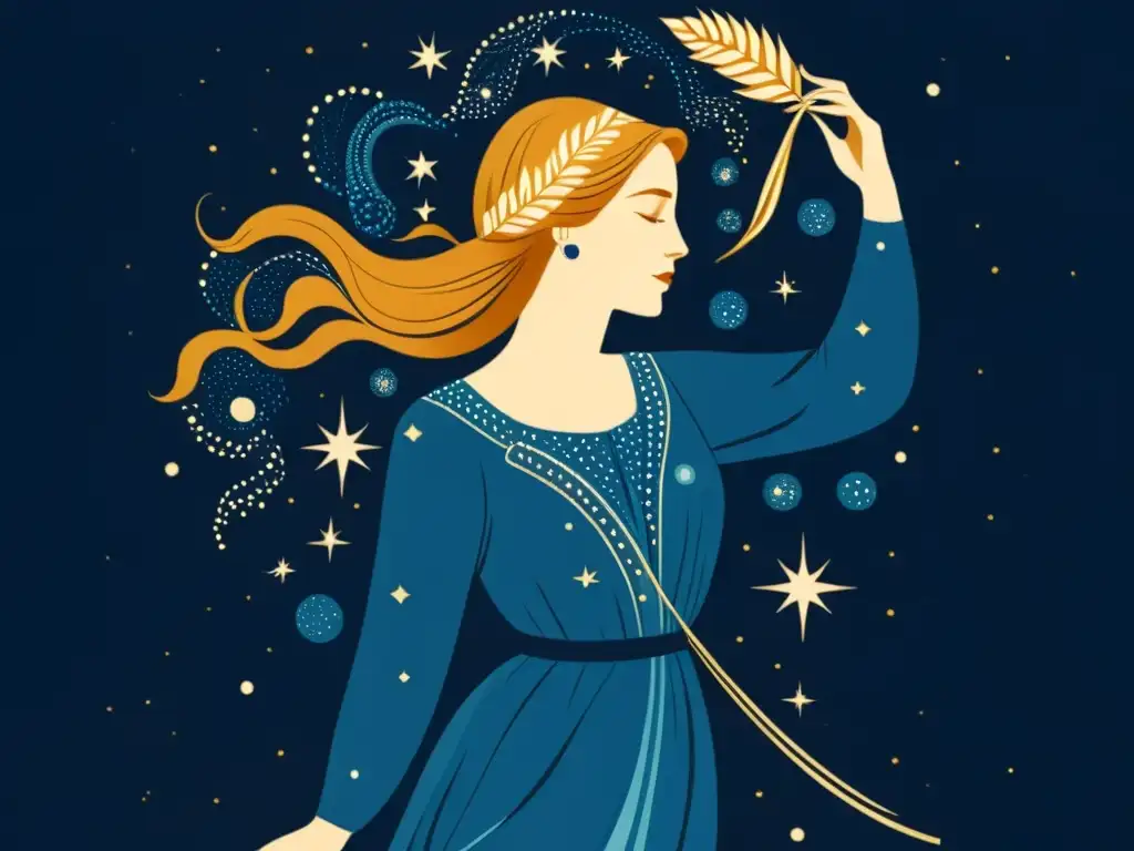 Una ilustración vintage de la constelación de Virgo, una mujer con una gavilla de trigo