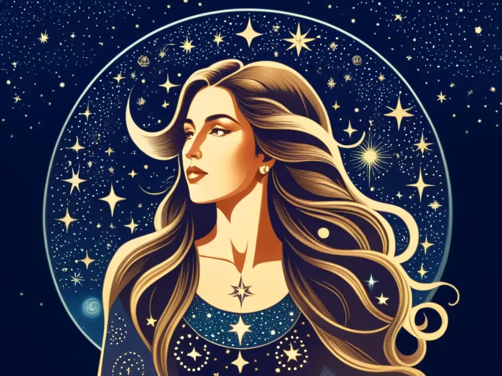 Una mujer en mitos astronómicos indígenas, conectada con las estrellas en una ilustración vintage detallada de gran misticismo y reverencia