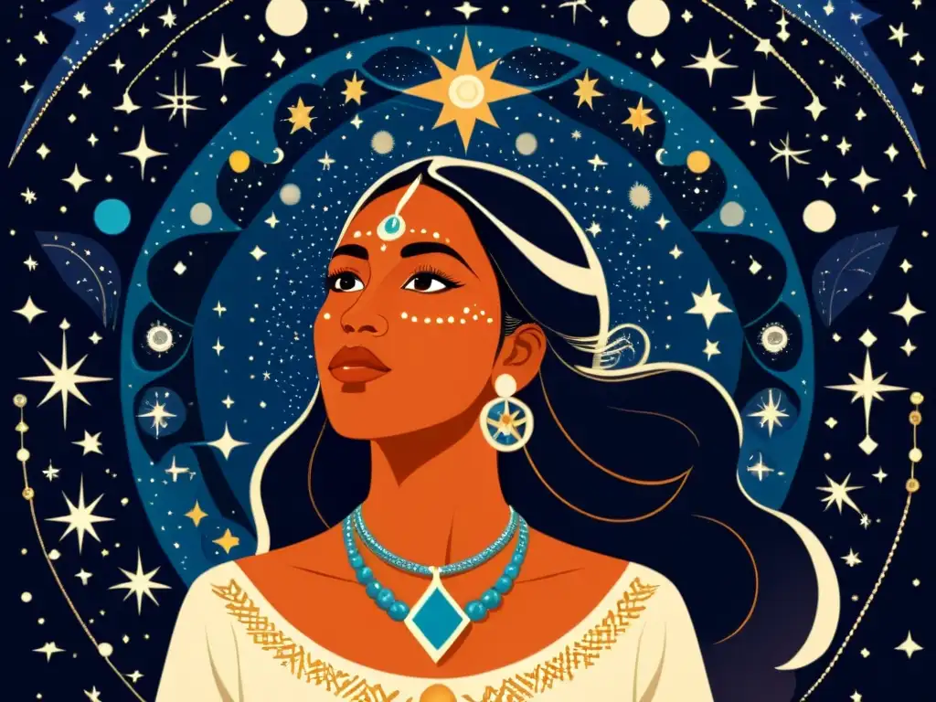 Mujer en mitos astronómicos indígenas: Ilustración vintage de mujer indígena bajo constelaciones, conectada con el cosmos y la cultura