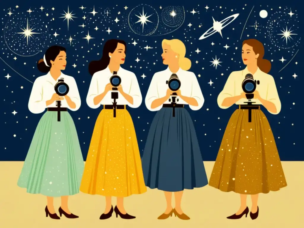 Mujeres en la astronomía estelar: Ilustración vintage de astrónomas observando el cielo nocturno con telescopios, evocando historia y progreso