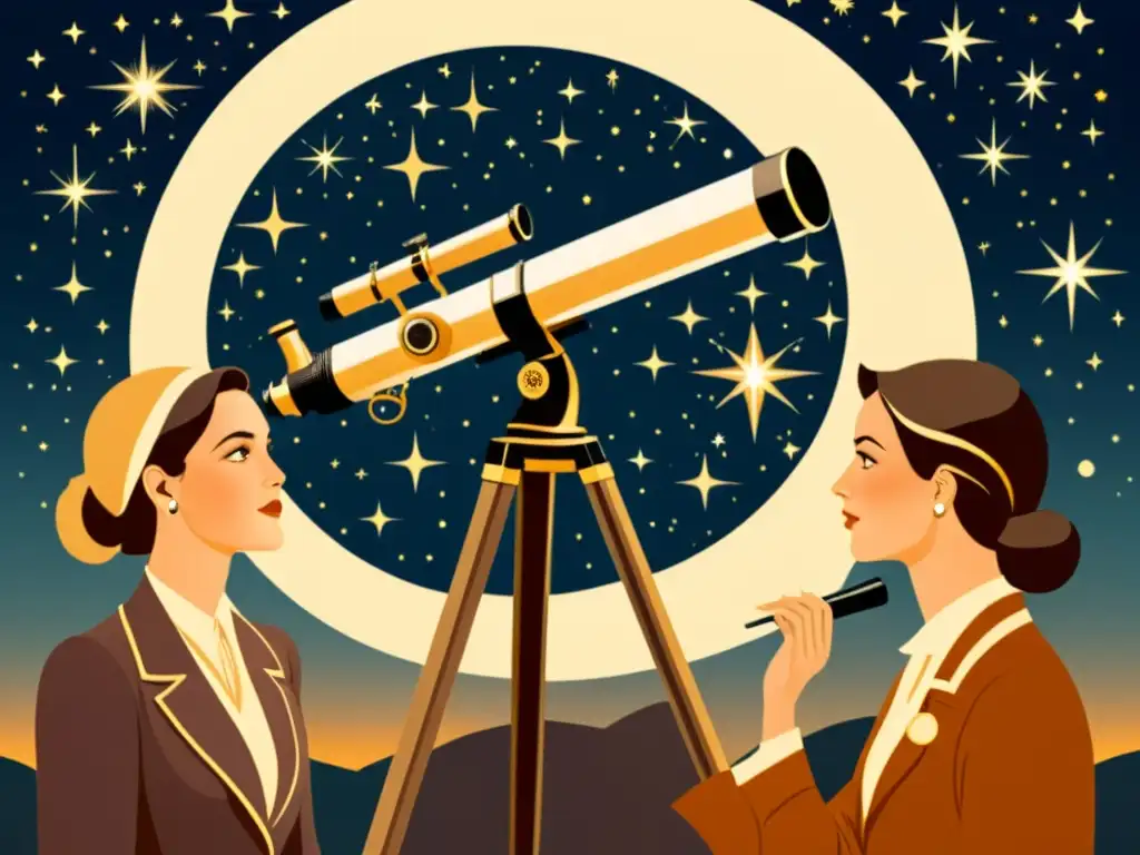 Mujeres en la astronomía estelar: Grupo de astrónomas estudian el cielo nocturno con telescopios antiguos, en una escena llena de maravilla y descubrimiento