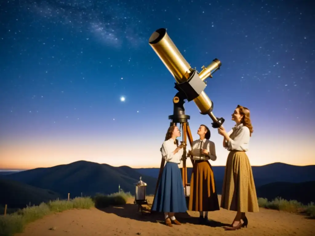 Mujeres en la astronomía estelar: Grupo de astrónomas en atuendo vintage, conversando junto a un telescopio bajo el cielo estrellado