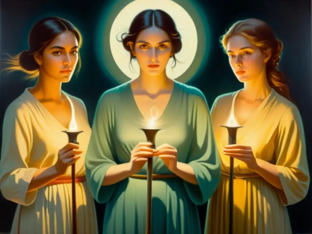 Tríada misteriosa: tejedoras del destino Tres mujeres de la mitología Moiras sostienen objetos simbólicos, rodeadas de un aura misteriosa y un paisaje estrellado