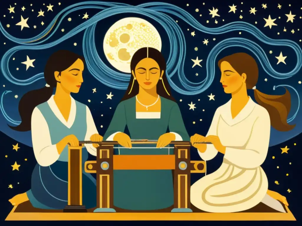 Tejedoras del Destino: Pintura vintage de mujeres entrelazando hilos bajo la noche estrellada Tres mujeres tejedoras entrelazan hilos bajo el cielo estrellado, simbolizando el destino y el tiempo en una pintura vintage