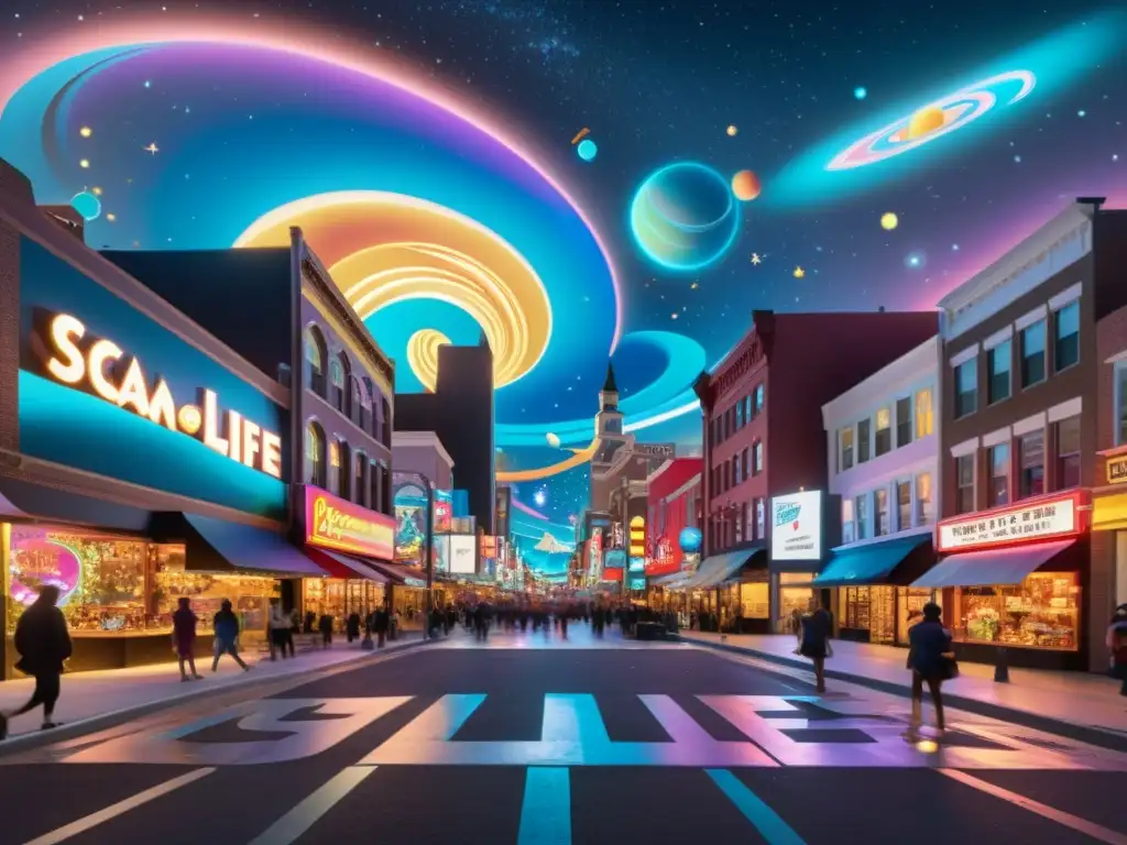 Un mural cósmico ilumina la bulliciosa calle nocturna, fusionando arte urbano con influencia de la astronomía