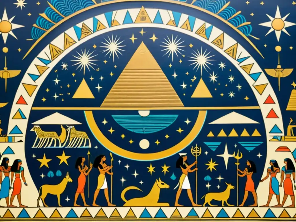 Mural egipcio vintage: Sirius y la espiritualidad ancestral Mural egipcio vintage detallando la importancia celestial de Sirio en Egipto, con inscripciones jeroglíficas y simbolismo sagrado