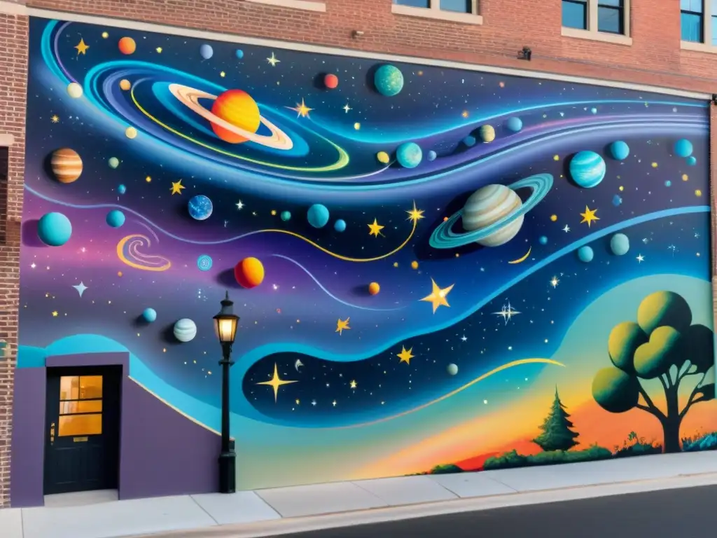 Un mural urbano detallado muestra una escena cósmica con colores vibrantes y detalles intrincados de constelaciones, planetas y galaxias