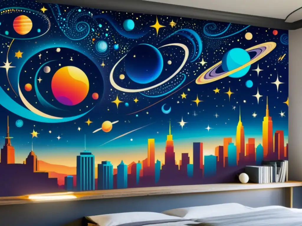 Un mural urbano inspirado en constelaciones, con colores vibrantes y detalles celestiales, fusionando arte callejero con lo cósmico