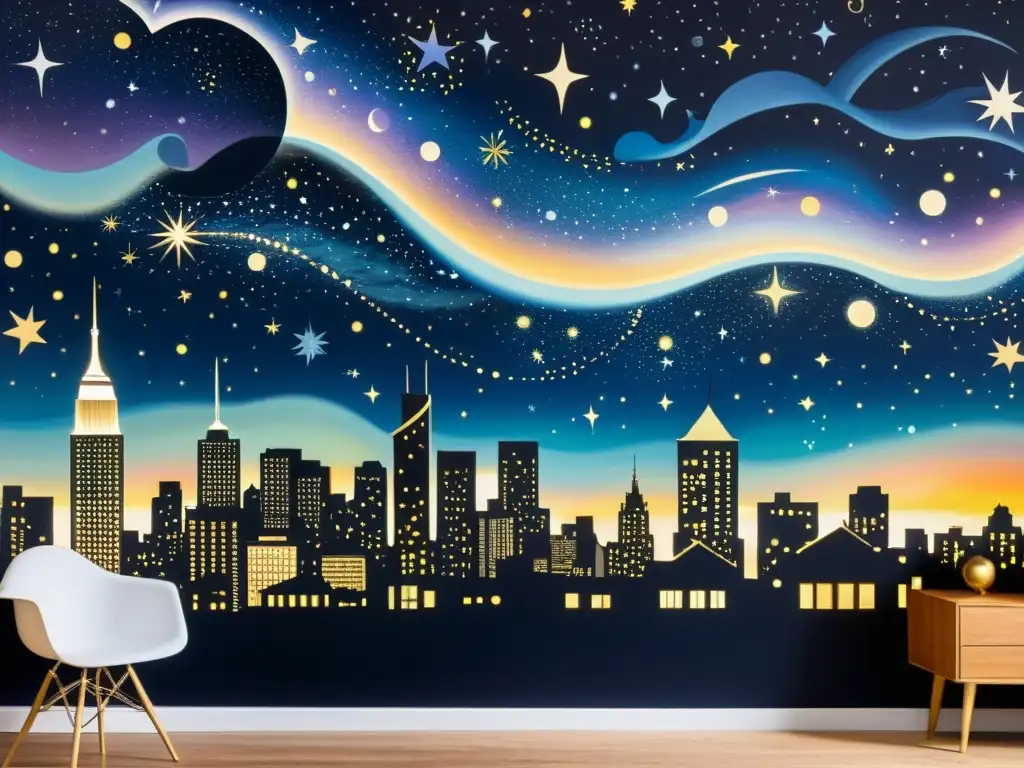 Un mural urbano vintage que fusiona constelaciones y la ciudad de noche, creando un ambiente de maravilla cósmica y energía urbana