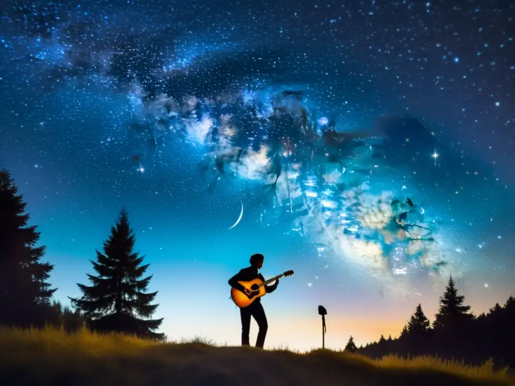 Un músico bajo el cielo estrellado, con constelaciones y la Vía Láctea