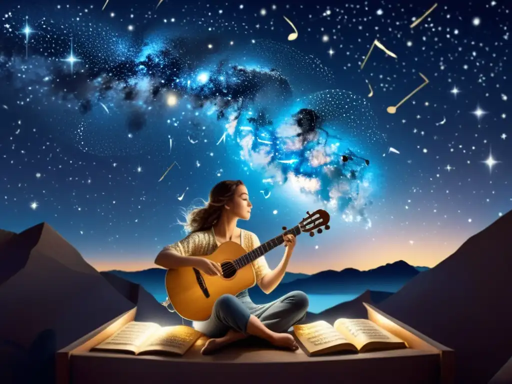 Un músico compone música bajo las estrellas, rodeado de notas musicales y elementos celestiales