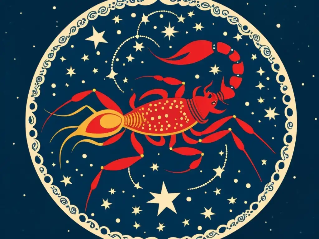 Una ilustración vintage de la constelación Scorpius en narrativas indígenas, fusionando el zodiaco de Escorpio con estrellas