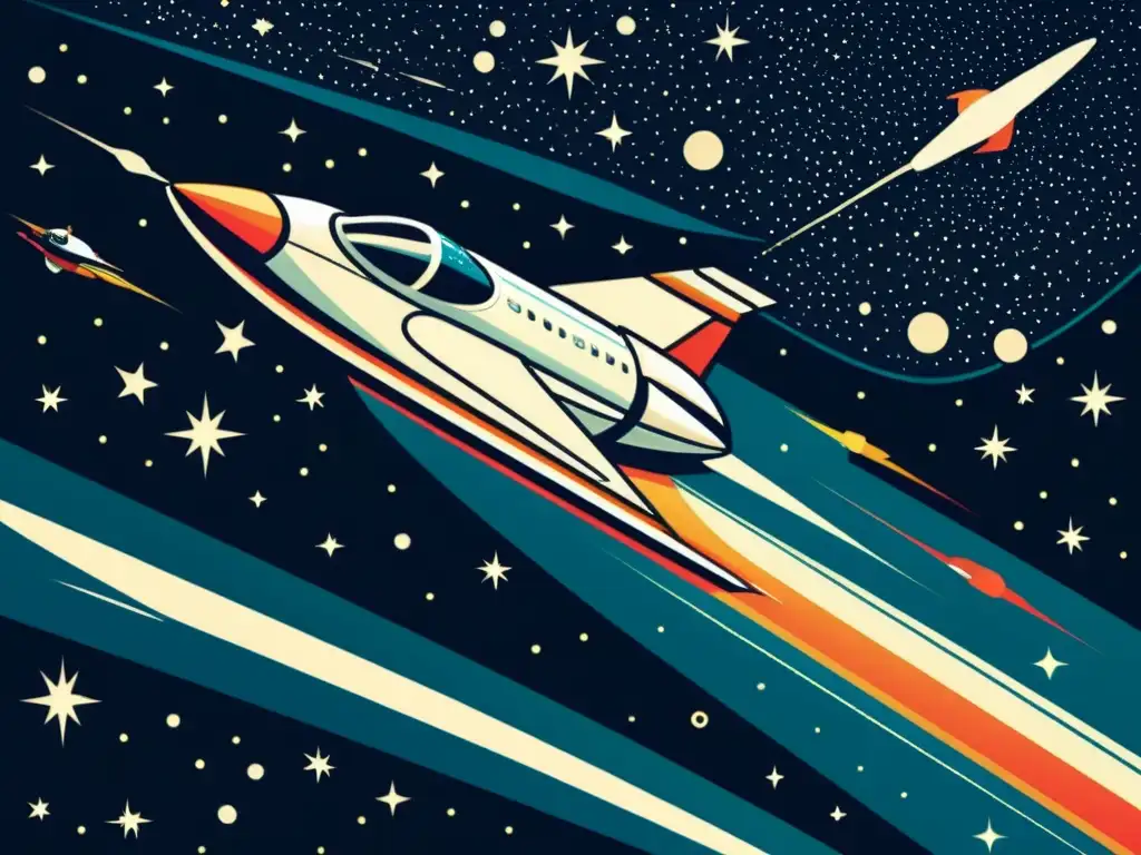 Una ilustración vintage de una nave espacial surcando un cielo estrellado, con detalles intrincados y un sentido de movimiento