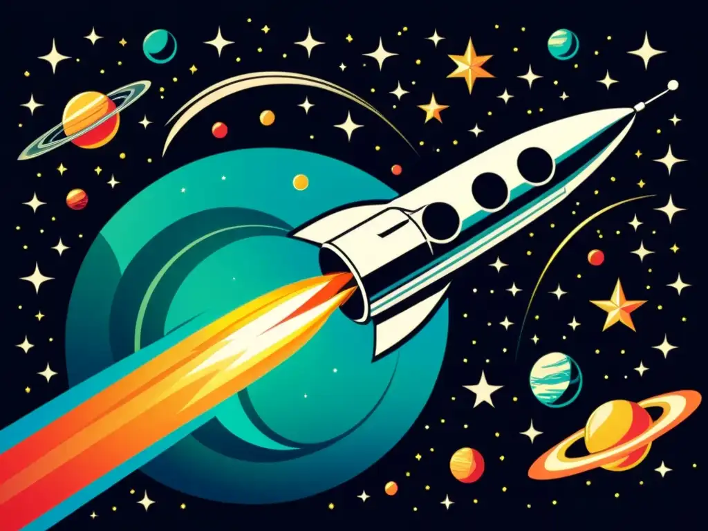 Una ilustración vintage de una nave espacial lanzándose al espacio profundo, con detalles intrincados de los motores de cohete encendidos y las estrellas y planetas brillando con una claridad impresionante