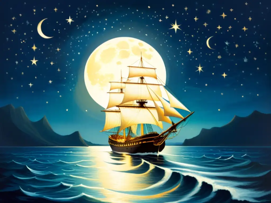 Navegación nocturna Vía Láctea: Pintura vintage de un paisaje marino bajo la luz de la luna con un majestuoso velero navegando en aguas tranquilas