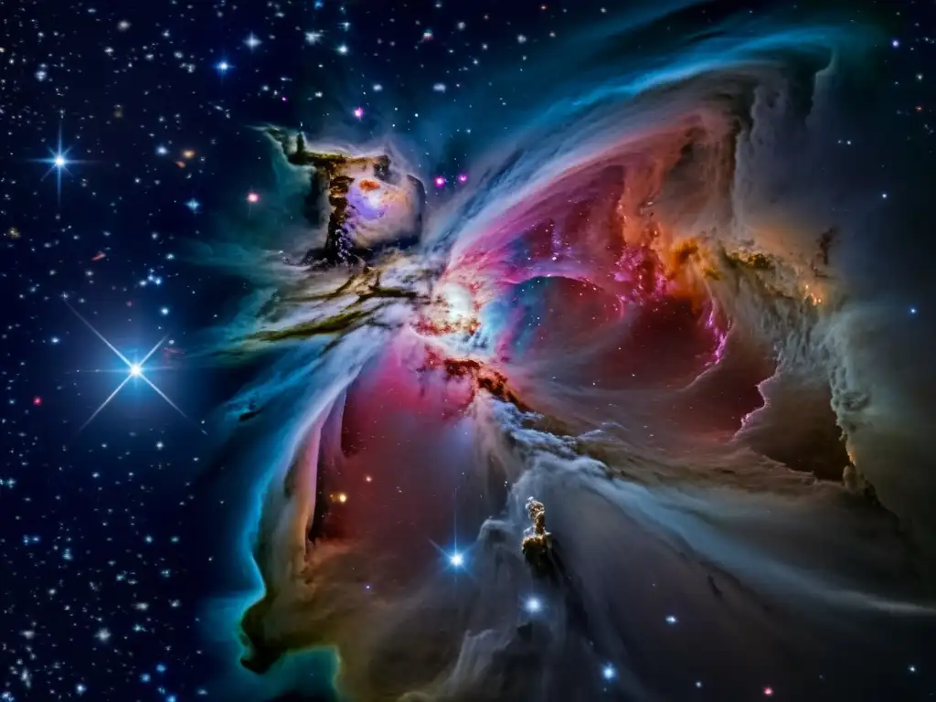 Orion Nebula: Esplendor Cósmico en Vintage Una fotografía vintage de la nebulosa de Orión, con filamentos de gas y polvo en tonos rojos, rosados y azules, rodeada por un campo de estrellas