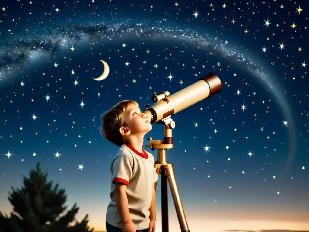 Un niño mira con asombro a través de un telescopio hacia el cielo nocturno lleno de estrellas brillantes y una luna creciente