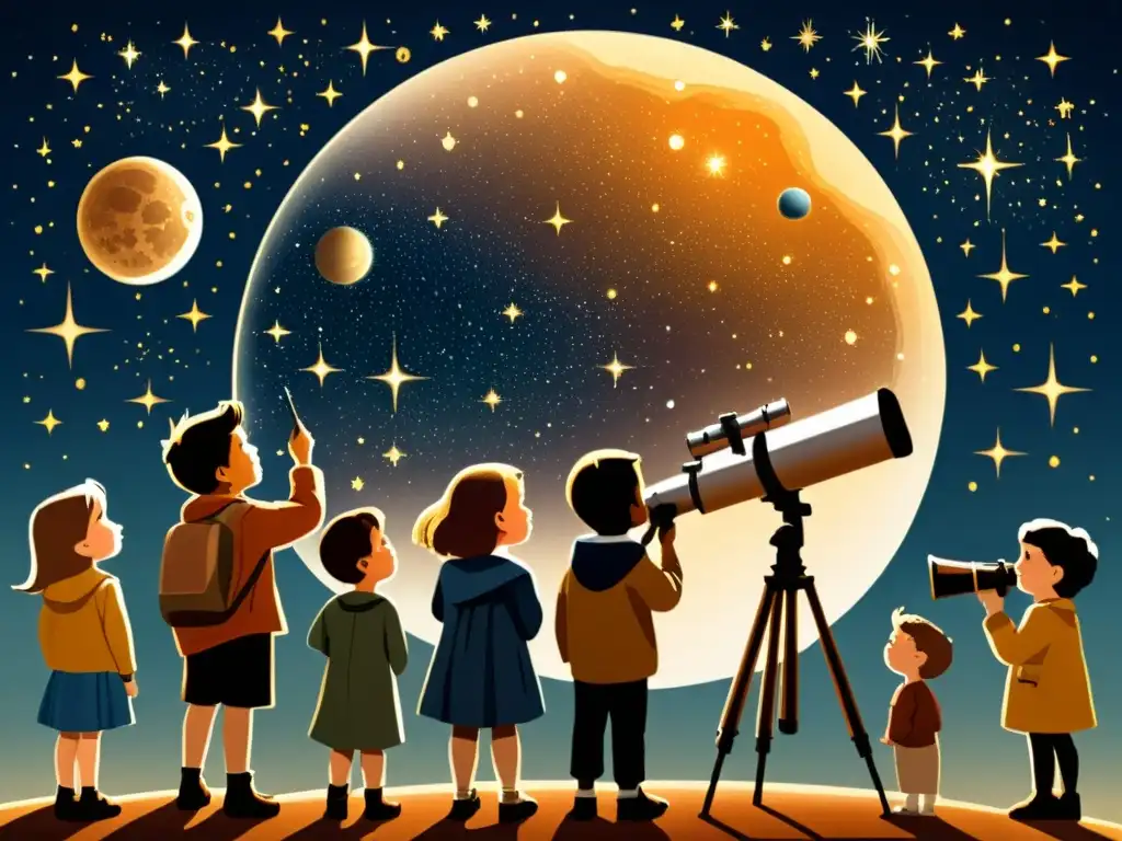 Niños exploran el cielo nocturno con telescopio, descubriendo constelaciones y planetas