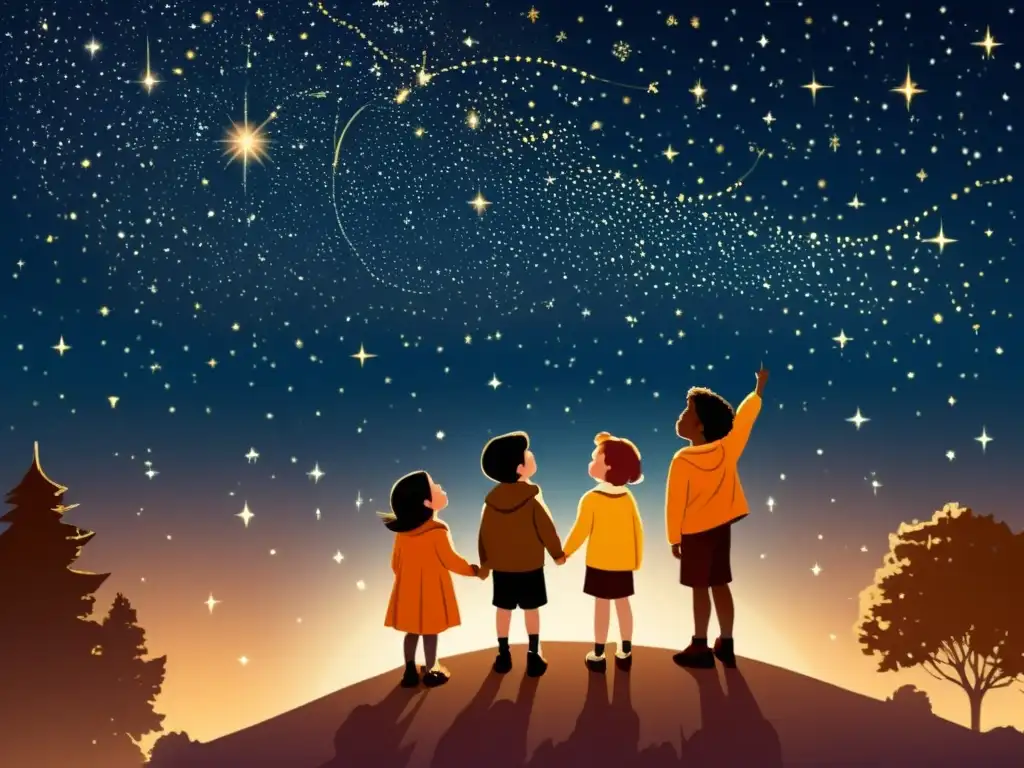 Un ilustración vintage de niños descubriendo constelaciones en la noche estrellada