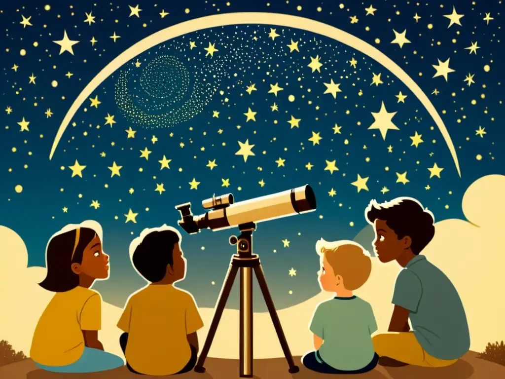 Niños explorando constelaciones a través de un telescopio vintage en una noche estrellada llena de asombro y emoción