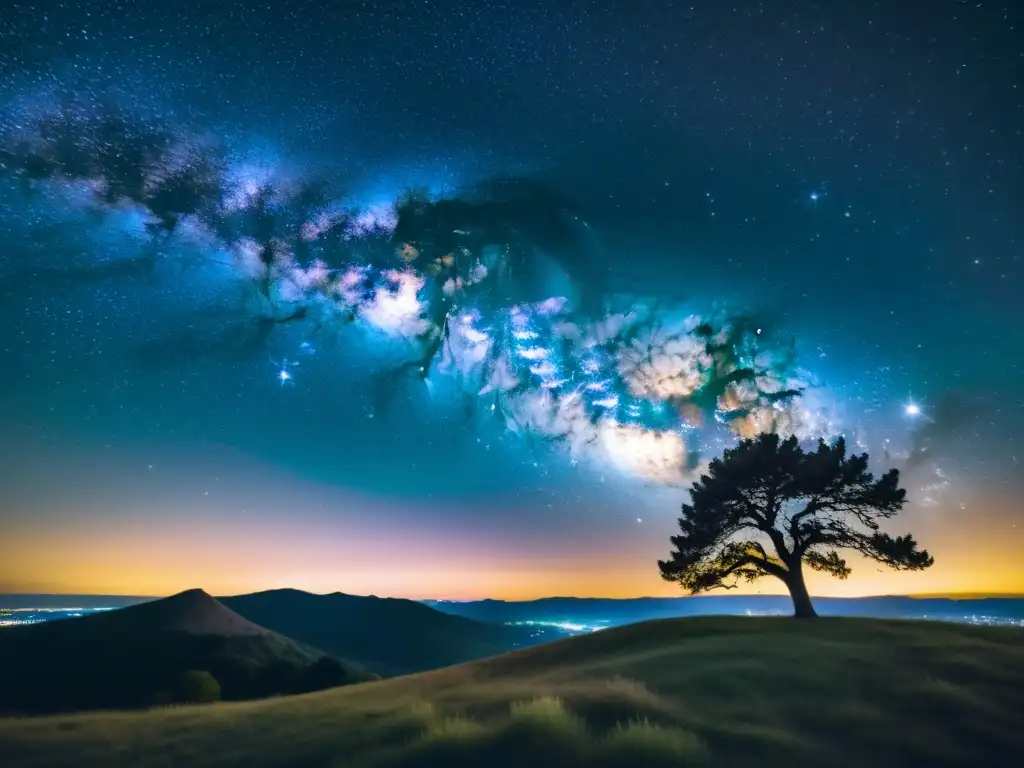 Una fotografía vintage de la Vía Láctea en la noche, con un árbol solitario en primer plano