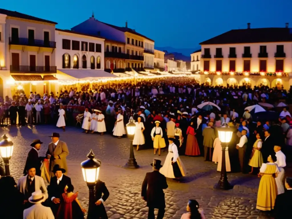 Una noche blanca en una plaza bulliciosa, iluminada por faroles vintage, llena de celebraciones latitudes norteñas